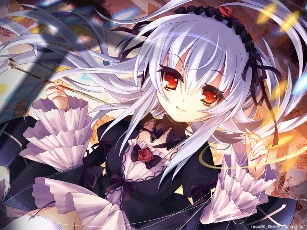 1girl dress flower frills hairband image lolita_fashion lolita_hairband long_hair long_sleeves looking_at_viewer red_eyes ribbon rose smile solo suigintou