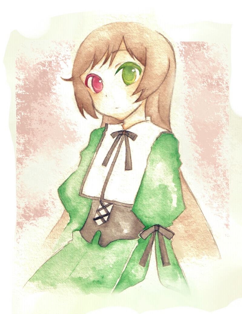 1girl bangs black_ribbon brown_hair dress frills green_dress green_eyes heterochromia image long_hair long_sleeves looking_at_viewer red_eyes ribbon solo suiseiseki very_long_hair