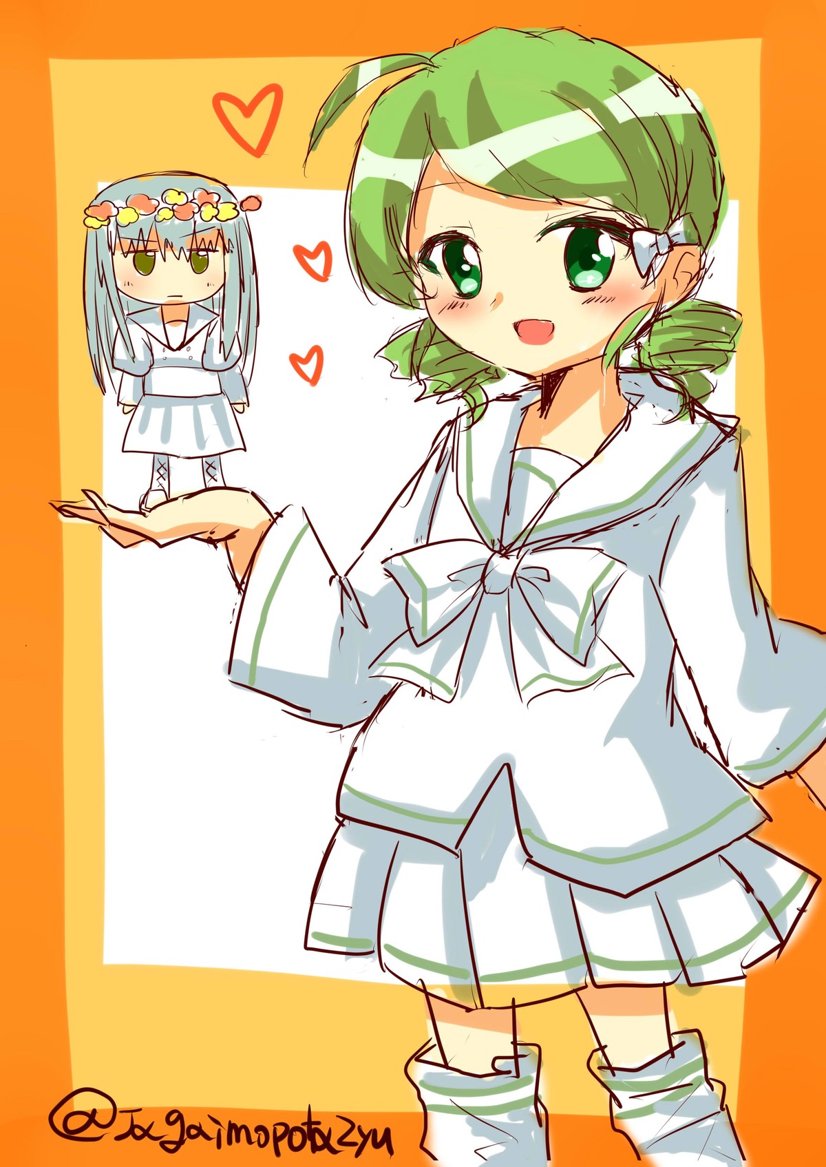 1girl ahoge chibi green_eyes hair_ornament heart image kanaria long_sleeves open_mouth pleated_skirt sailor_collar school_uniform serafuku skirt smile solo white_sailor_collar white_skirt