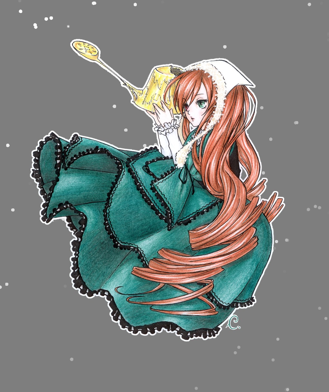 1girl bonnet dress drill_hair frills green_dress green_eyes image lolita_fashion long_hair long_sleeves looking_at_viewer simple_background solo suiseiseki twin_drills very_long_hair white_background