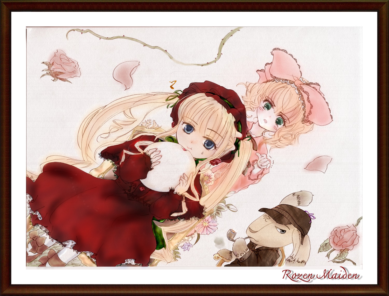 3girls blonde_hair blue_eyes bonnet border bow dress flower hat hinaichigo image long_hair long_sleeves looking_at_viewer multiple_girls pair pink_bow red_dress shinku sitting very_long_hair