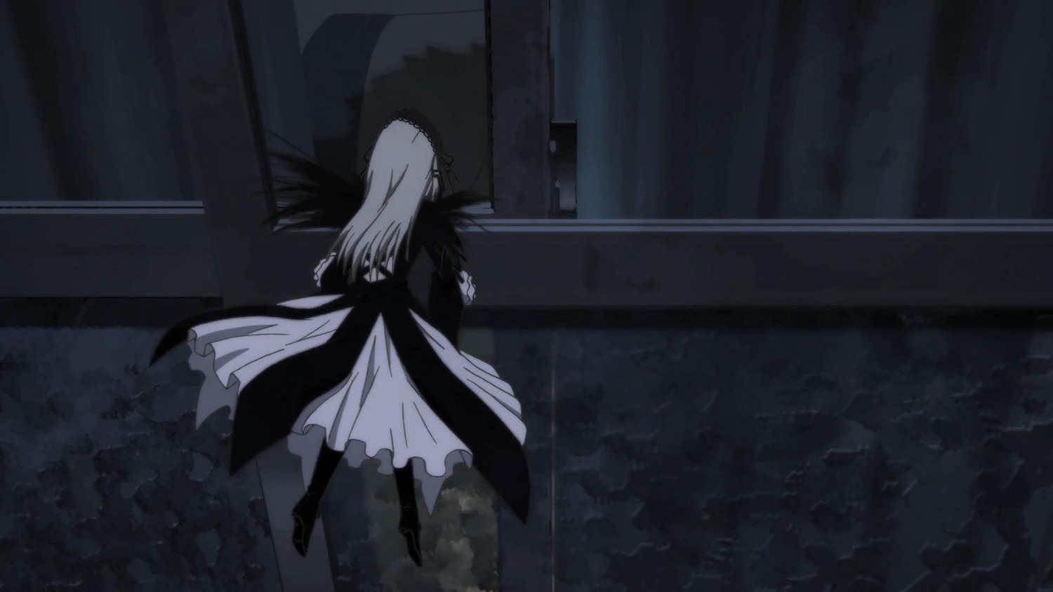 1girl boots dress greyscale image long_hair long_sleeves monochrome solo standing suigintou wings