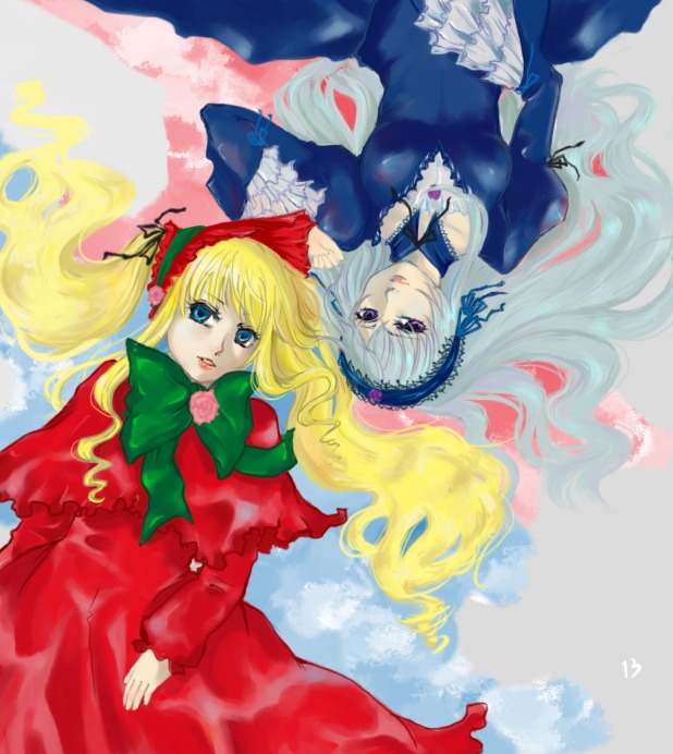 2girls blonde_hair blue_eyes bow dress image long_hair long_sleeves looking_at_viewer multiple_girls pair red_dress shinku suigintou twintails
