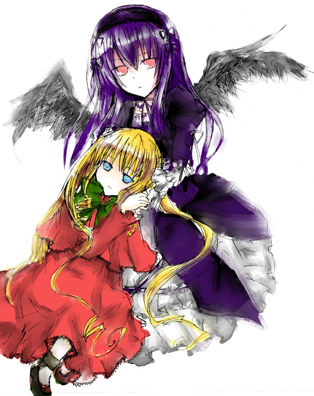 2girls black_wings blonde_hair blue_eyes dress hairband holding_hands image long_hair long_sleeves looking_at_viewer multiple_girls pair red_dress shinku simple_background suigintou very_long_hair white_background wings