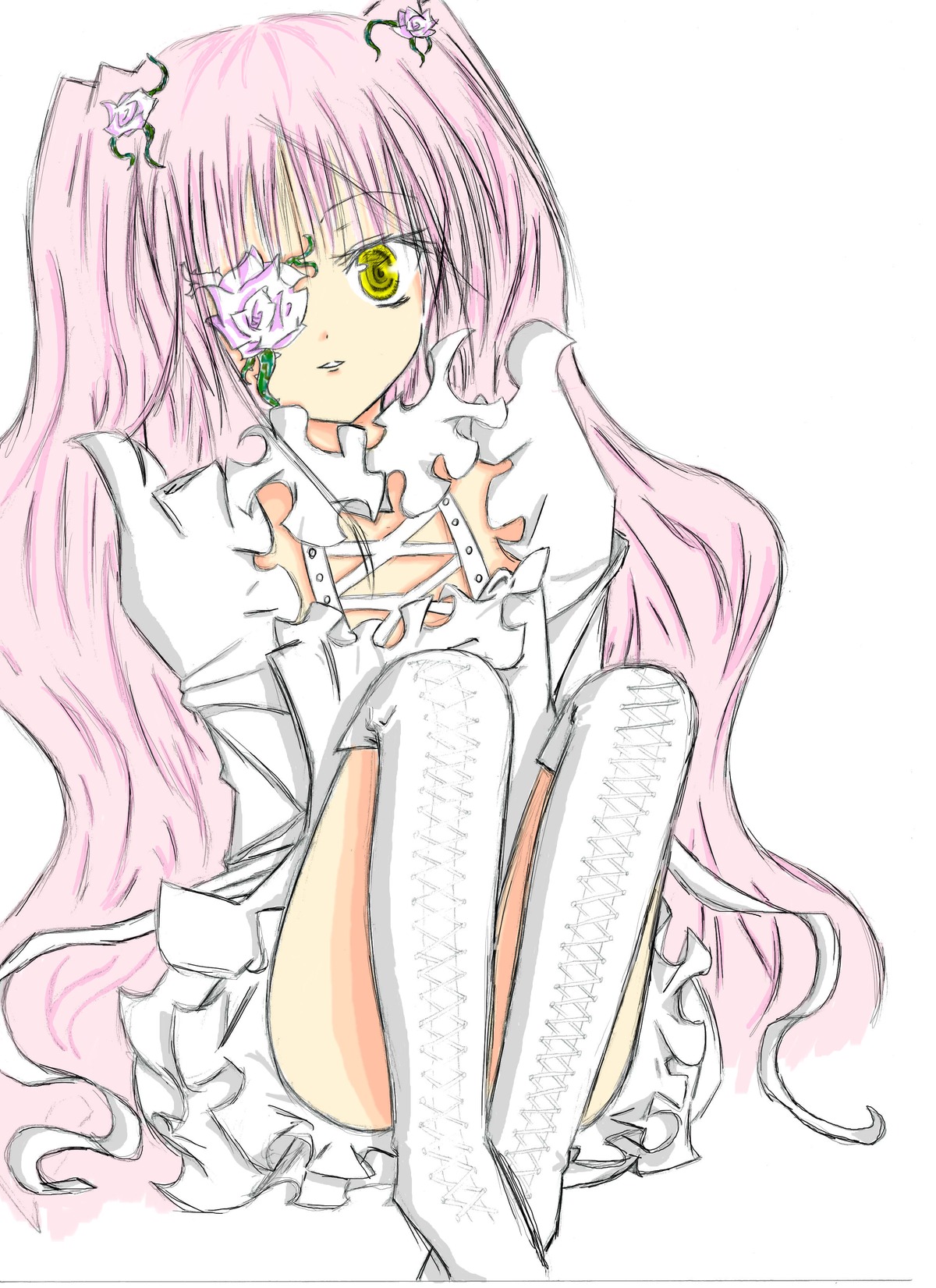 1girl boots dress eyepatch flower frills gloves image kaname_madoka kirakishou long_hair pink_hair rose sitting solo thigh_boots two_side_up ultimate_madoka very_long_hair white_dress white_footwear yellow_eyes