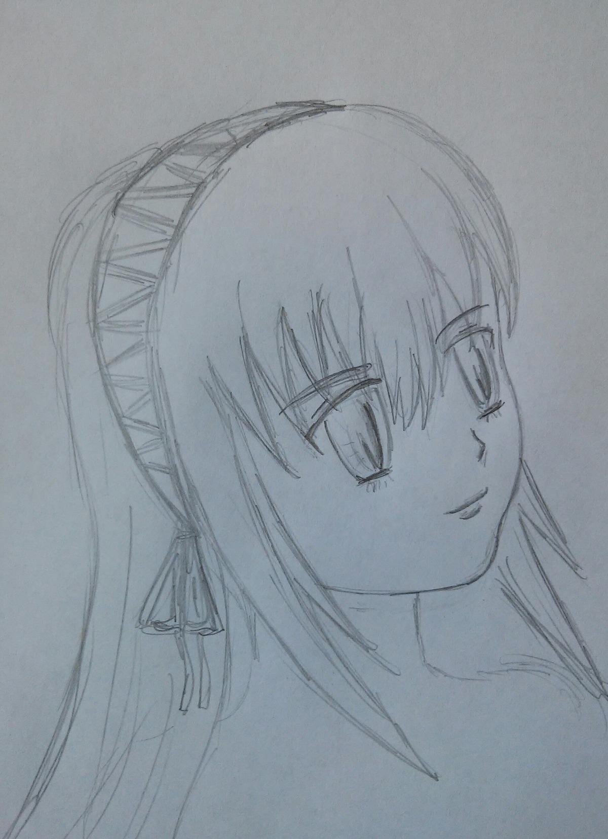 1girl akemi_homura closed_mouth face greyscale hair_ribbon hairband image long_hair looking_at_viewer monochrome portrait ribbon simple_background sketch smile solo suigintou traditional_media white_background