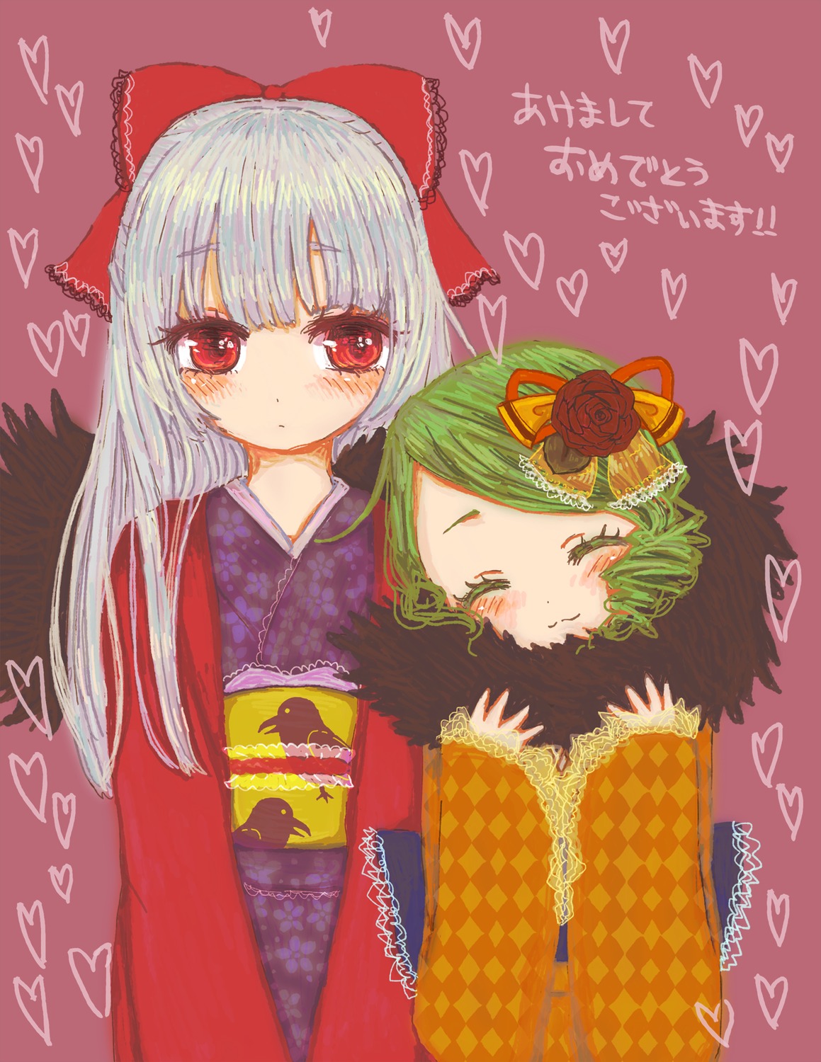 2girls blush checkered checkered_background closed_eyes flower fujiwara_no_mokou green_hair hair_bow hair_flower hair_ornament heart image japanese_clothes kanaria kimono long_hair multiple_girls pair red_eyes short_hair smile suigintou