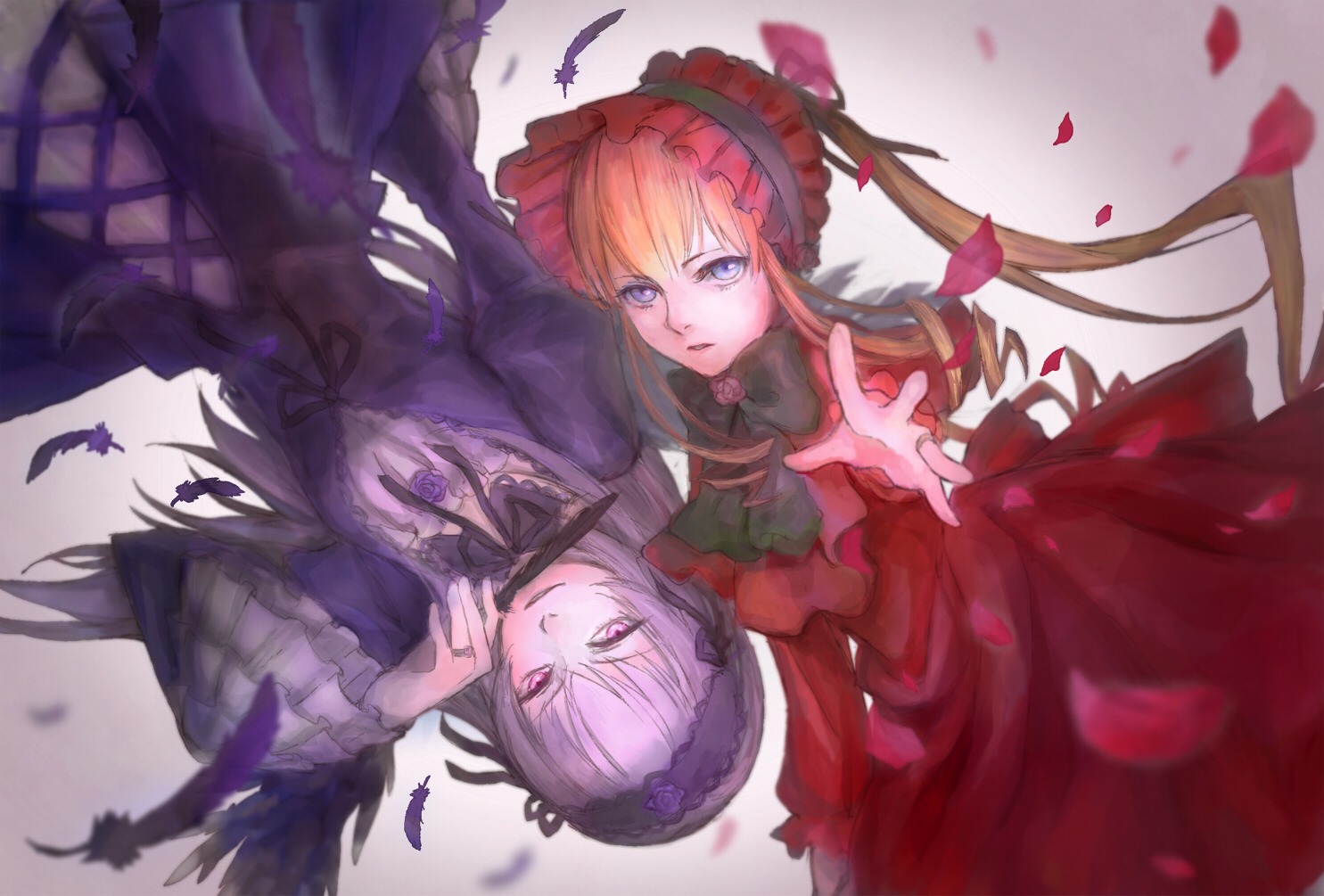 2girls black_wings blonde_hair dress feathers frills hairband image long_hair long_sleeves looking_at_viewer multiple_girls pair petals red_dress ribbon shinku silver_hair suigintou wings