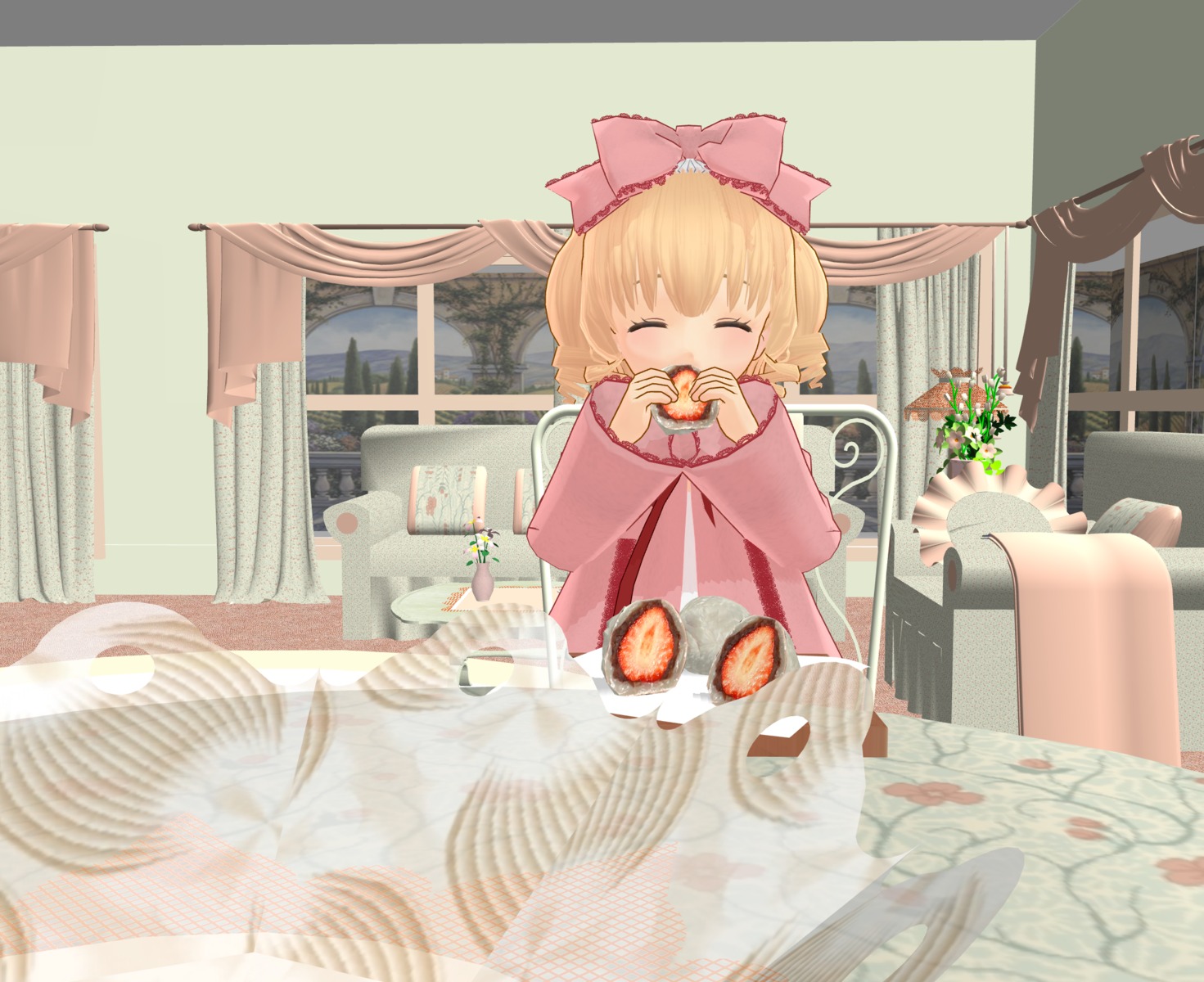 1girl basket blonde_hair blush bow building city closed_eyes dress eating food hair_bow hina_ichigo hinaichigo image pink_bow solo