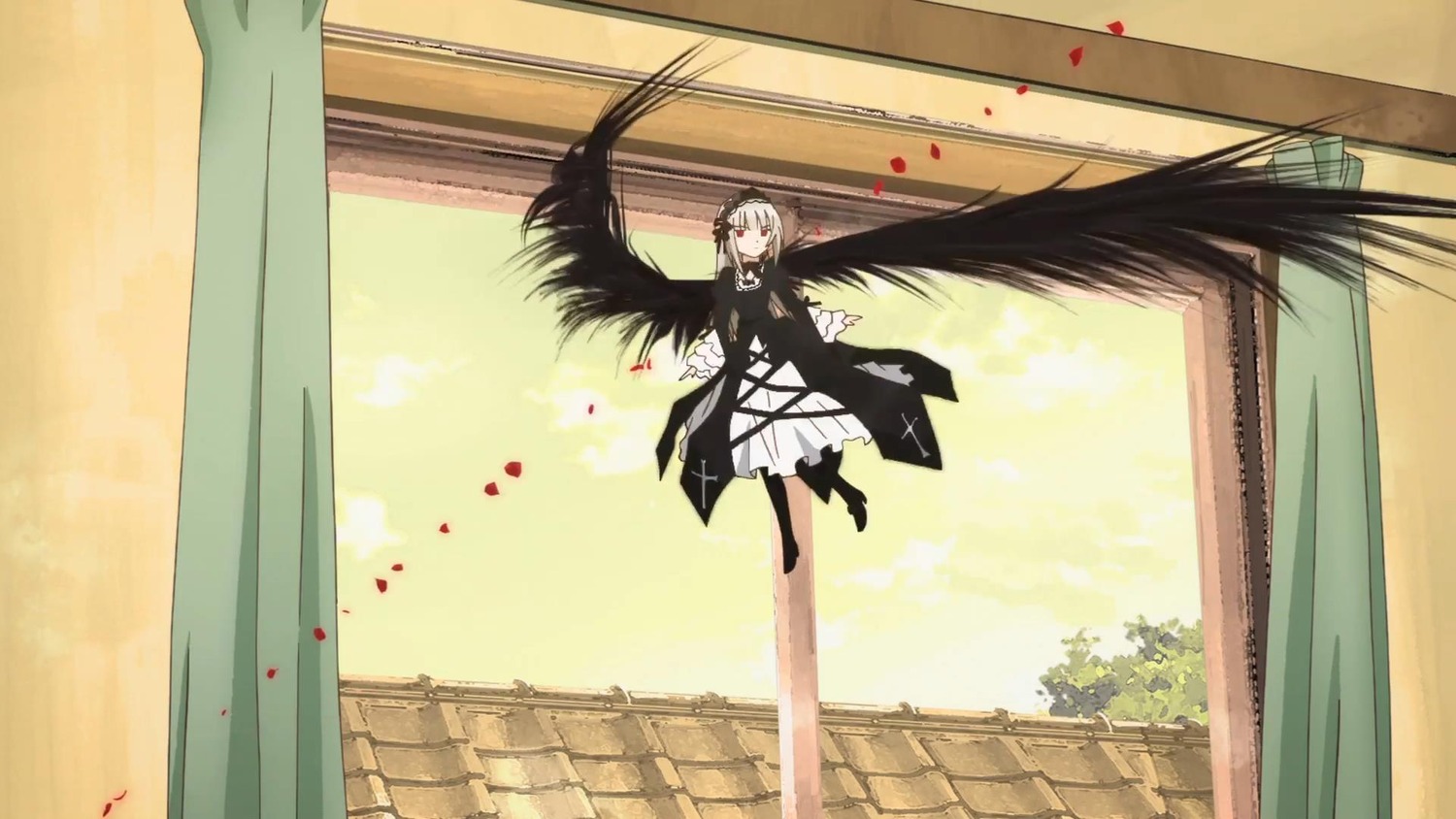 1girl black_wings curtains dress feathered_wings feathers image long_hair long_sleeves looking_at_viewer petals solo standing suigintou window wings