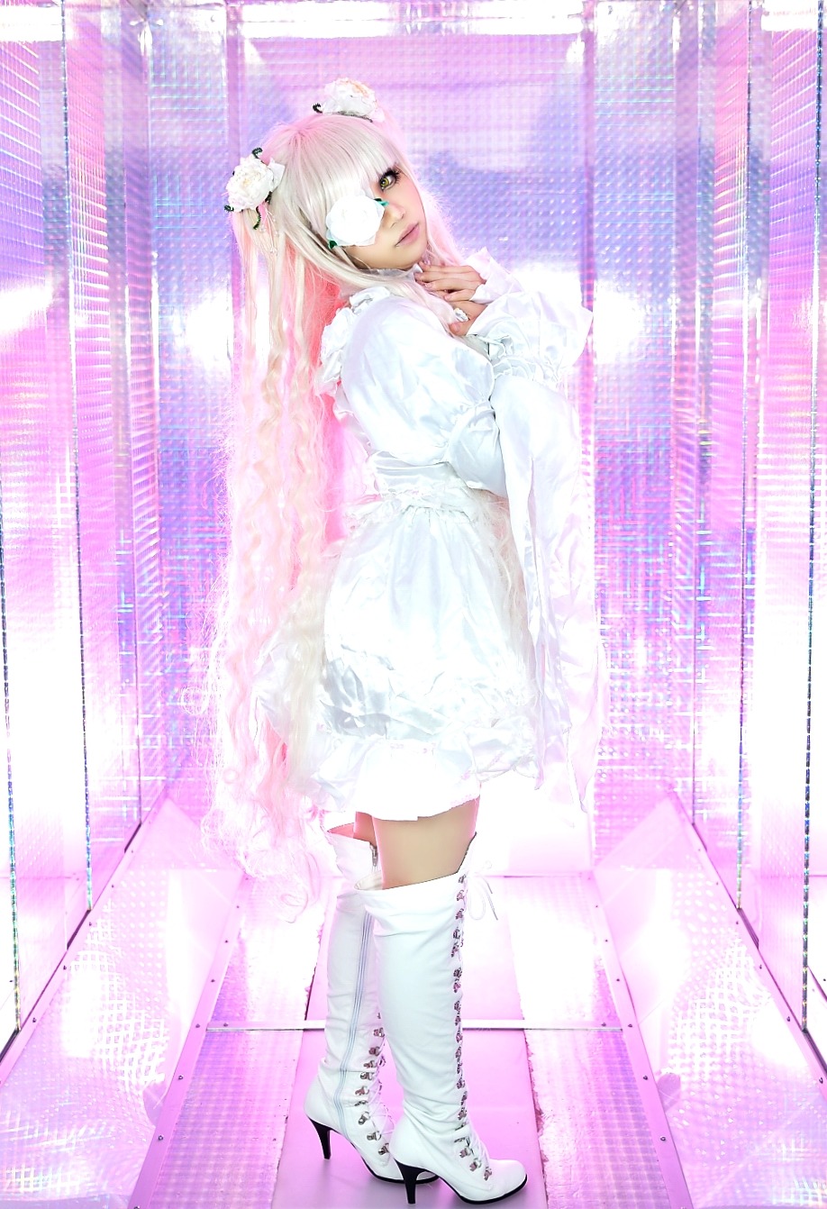 1girl boots dress eyepatch frills green_eyes hair_ornament high_heels kirakishou lips lying on_stomach solo thighhighs white_hair