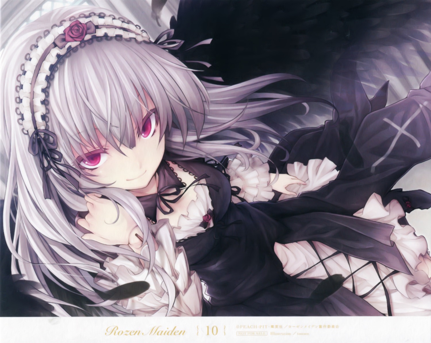 1girl absurdres black_dress black_ribbon black_wings breasts choker copyright_name dress frills gothic_lolita hairband hand_in_hair headdress highres image lolita_fashion lolita_hairband long_hair long_sleeves looking_at_viewer medium_breasts pink_eyes red_eyes ribbon rozen_maiden silver_hair smile solo suigintou tousen wings