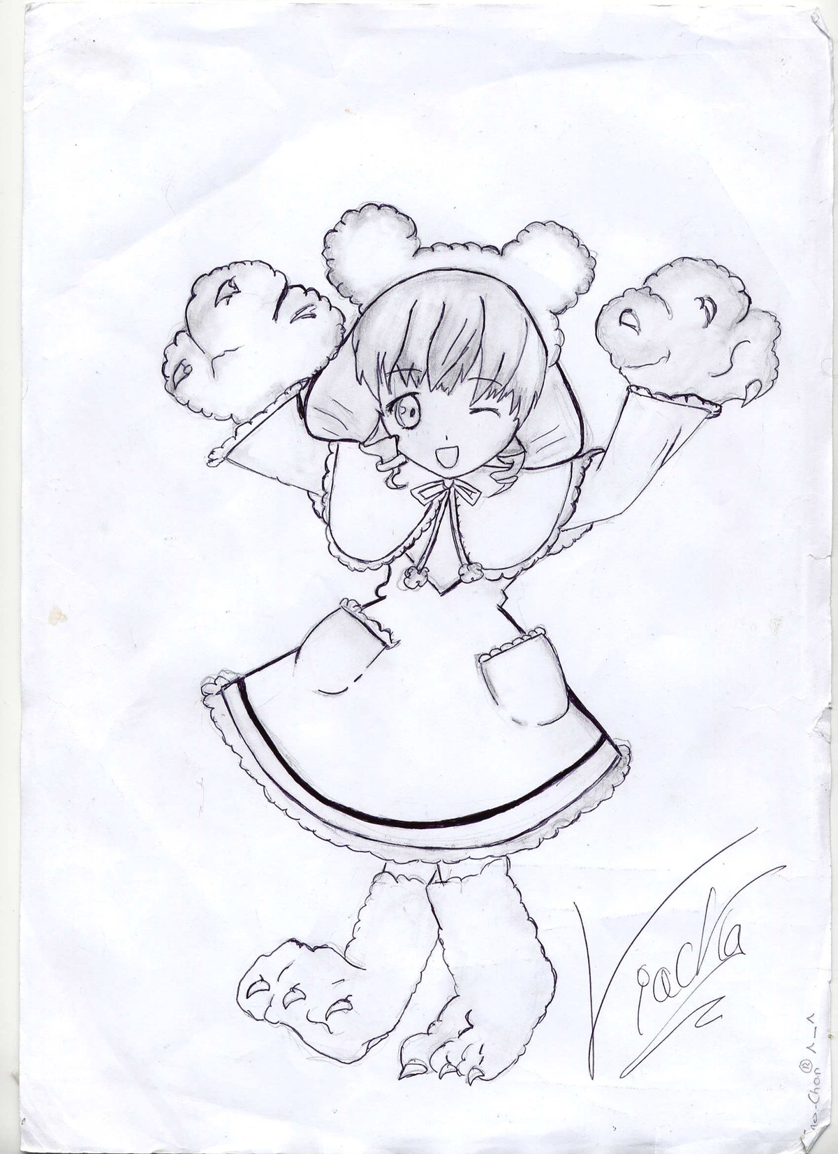1girl ;d dated dress eyebrows_visible_through_hair full_body hinaichigo image long_sleeves looking_at_viewer monochrome one_eye_closed open_mouth paw_gloves paws photo short_hair signature smile solo standing