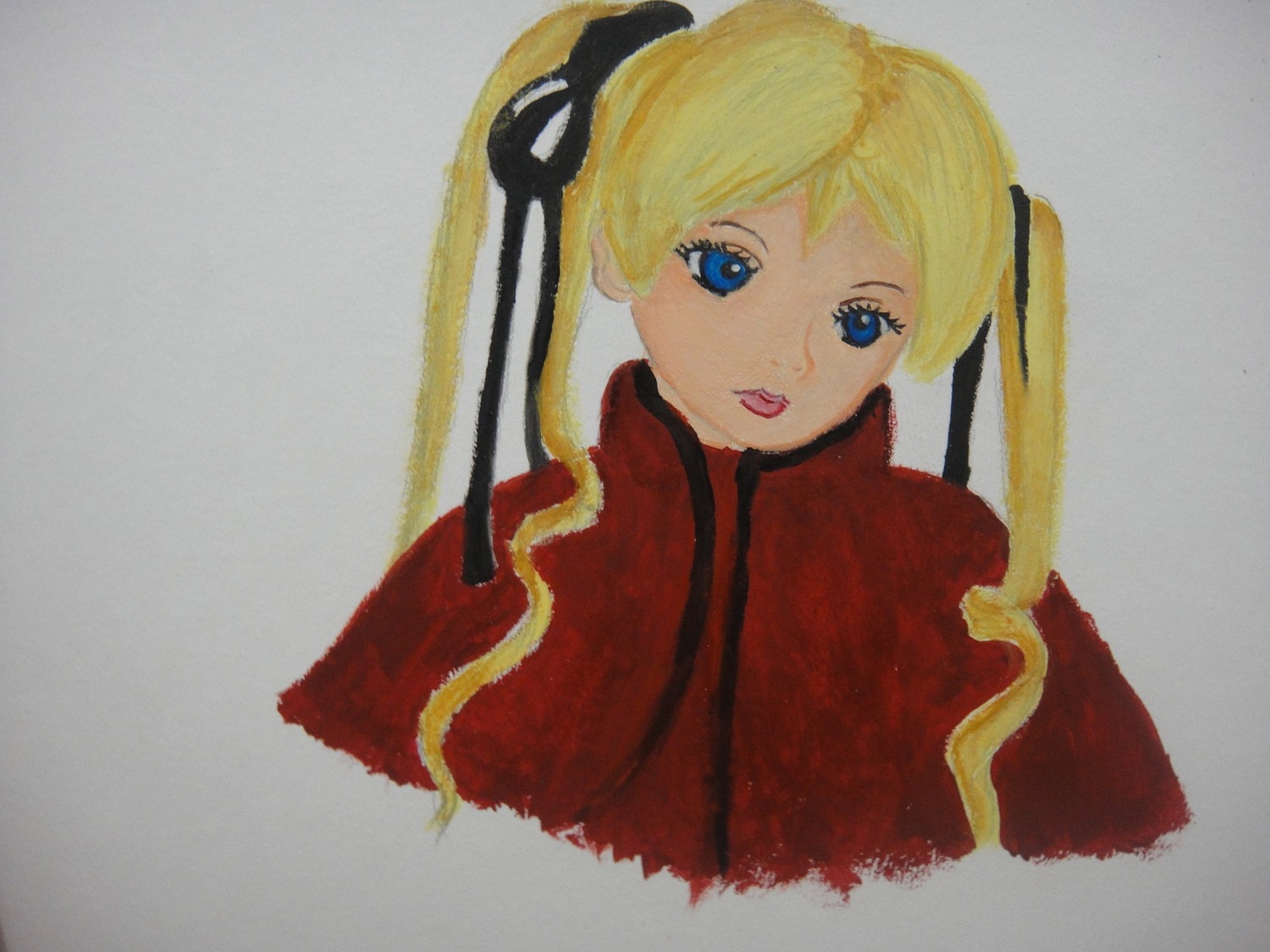 1girl bangs black_ribbon blonde_hair blue_eyes capelet grey_background hair_ribbon image long_hair looking_at_viewer portrait ribbon shinku simple_background solo twintails upper_body