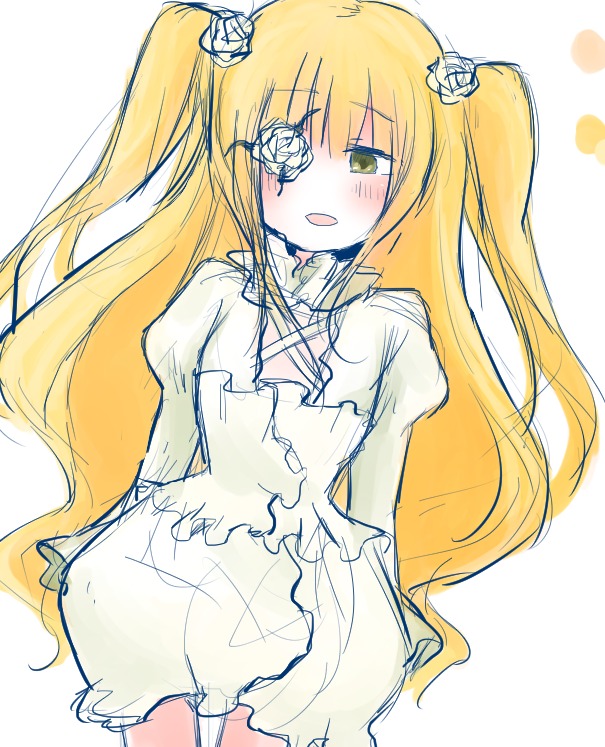 1girl blonde_hair blush bow dress eyepatch flower hair_flower hair_ornament image kirakishou long_hair rose see-through sketch smile solo striped two_side_up underwear very_long_hair