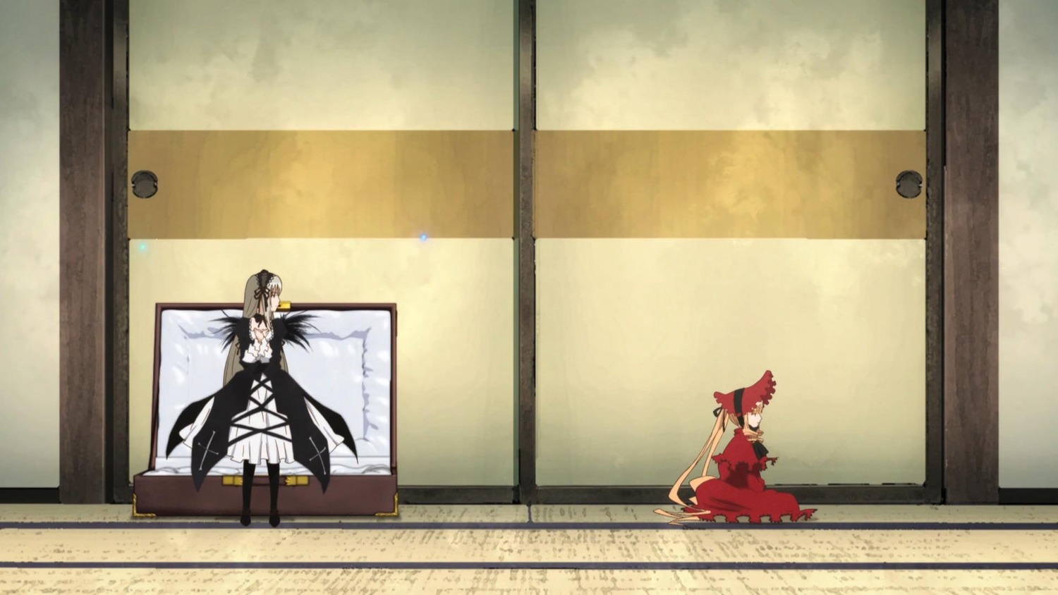 black_hair bow dress hair_bow hakurei_reimu image multiple_girls pair shinku suigintou tatami wings