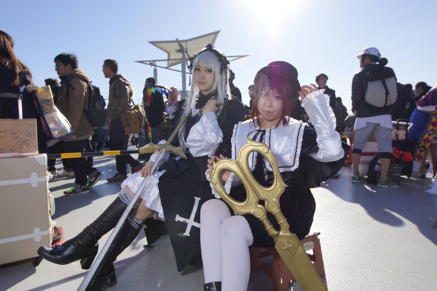 3d 6+boys boots brown_hair drum hat instrument long_hair looking_at_viewer maid maid_headdress multiple_boys multiple_cosplay multiple_girls sitting tagme thighhighs