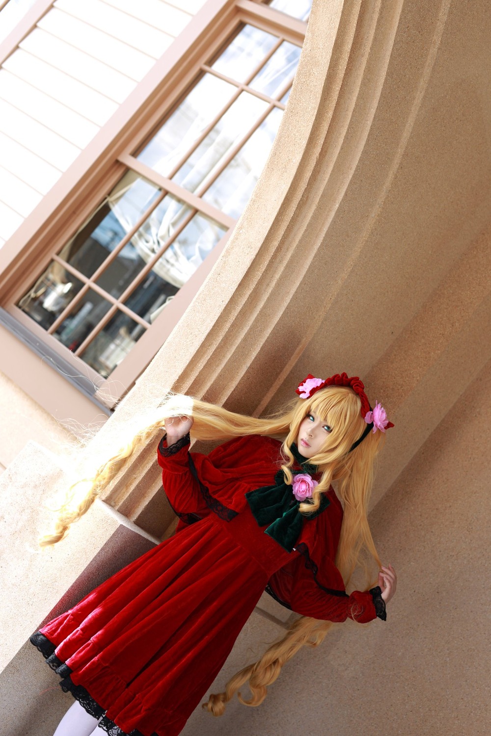 1girl blonde_hair blue_eyes bow dress flower long_hair pantyhose red_dress shinku solo twintails very_long_hair window