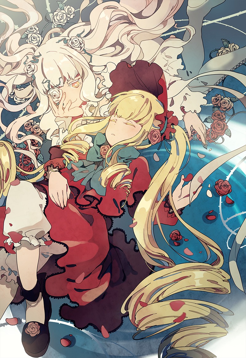 2girls blonde_hair bonnet closed_eyes doll_joints dress drill_hair flower image joints kirakishou long_hair multiple_girls pair petals red_dress red_flower rose rose_petals shinku thorns very_long_hair yellow_eyes