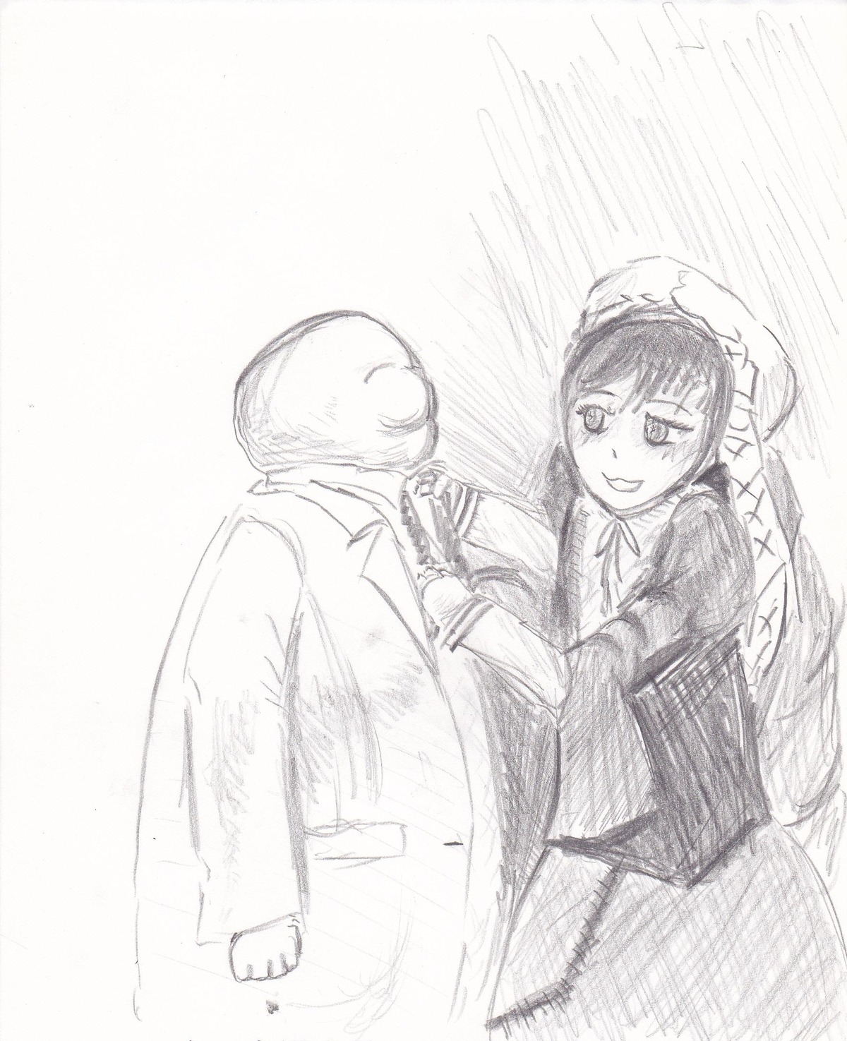 1boy 1girl dress formal greyscale hat image long_hair long_sleeves monochrome sketch smile solo suiseiseki