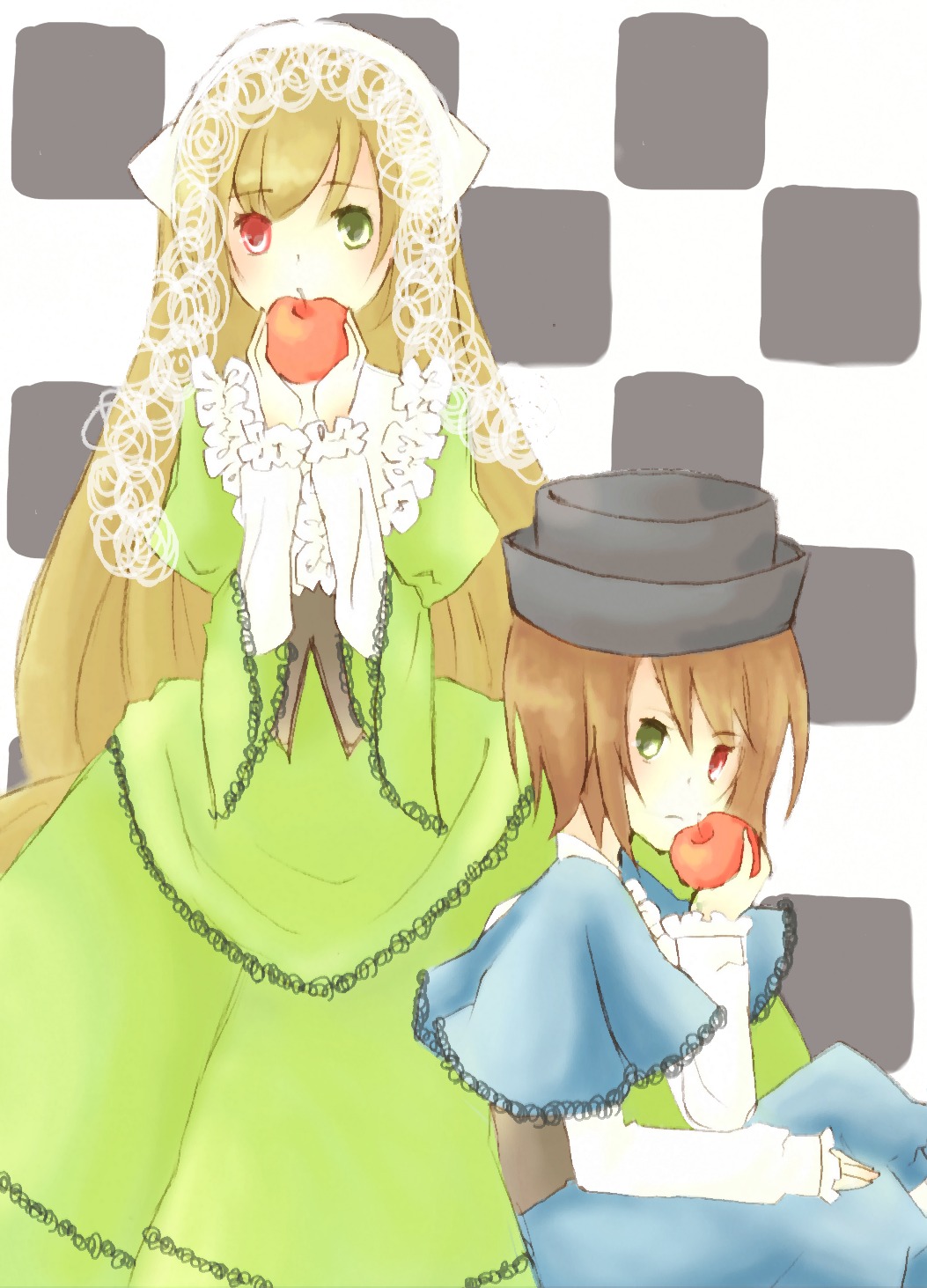 2girls apple argyle argyle_background blonde_hair brown_hair checkered checkered_background checkered_floor dress food fruit green_dress green_eyes hat heterochromia holding holding_food holding_fruit image long_hair long_sleeves looking_at_viewer multiple_girls pair red_eyes short_hair siblings sisters souseiseki strawberry suiseiseki twins very_long_hair