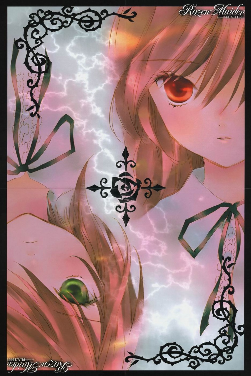 2girls black_ribbon face green_eyes green_ribbon image multiple_girls neck_ribbon pair red_eyes ribbon ribbon_choker short_hair siblings sisters souseiseki suiseiseki