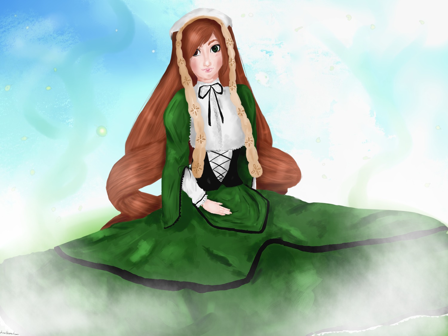1girl auto_tagged brown_hair corset dress green_dress green_eyes image long_hair long_sleeves looking_at_viewer ribbon sitting solo suiseiseki very_long_hair