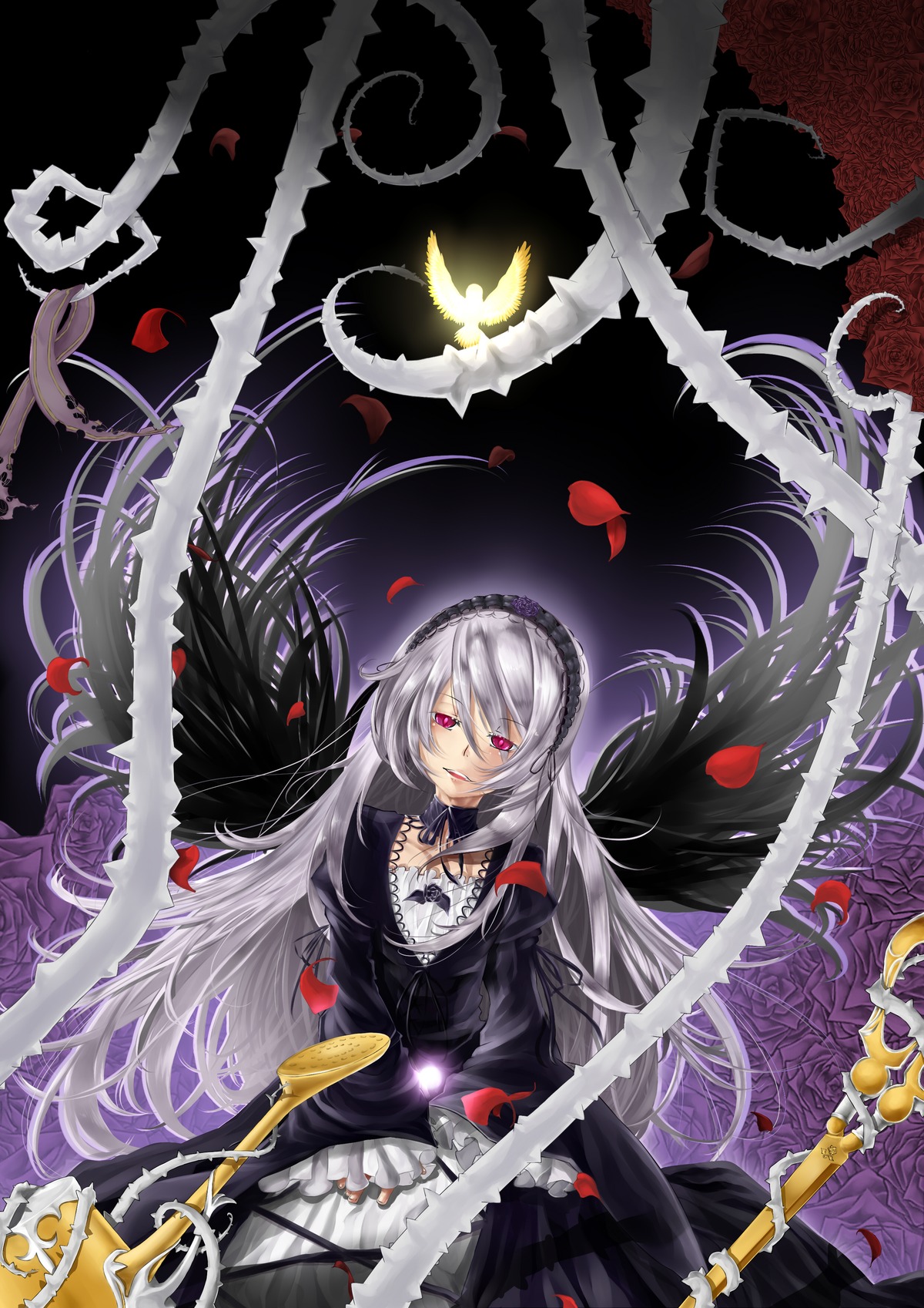1girl black_wings dress flower frills gothic_lolita hairband image lolita_fashion long_hair long_sleeves petals pink_eyes red_eyes rose silver_hair solo suigintou very_long_hair wings