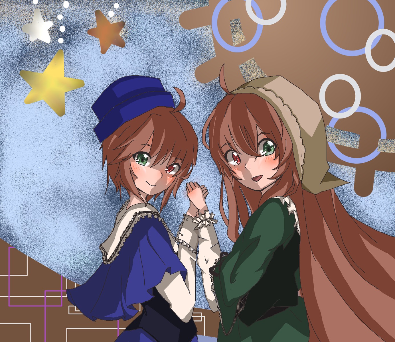 2girls ahoge blush brown_hair capelet dress green_eyes hat heterochromia holding_hands image interlocked_fingers long_hair looking_at_viewer multiple_girls pair red_eyes short_hair siblings sisters smile souseiseki star_(symbol) suiseiseki twins