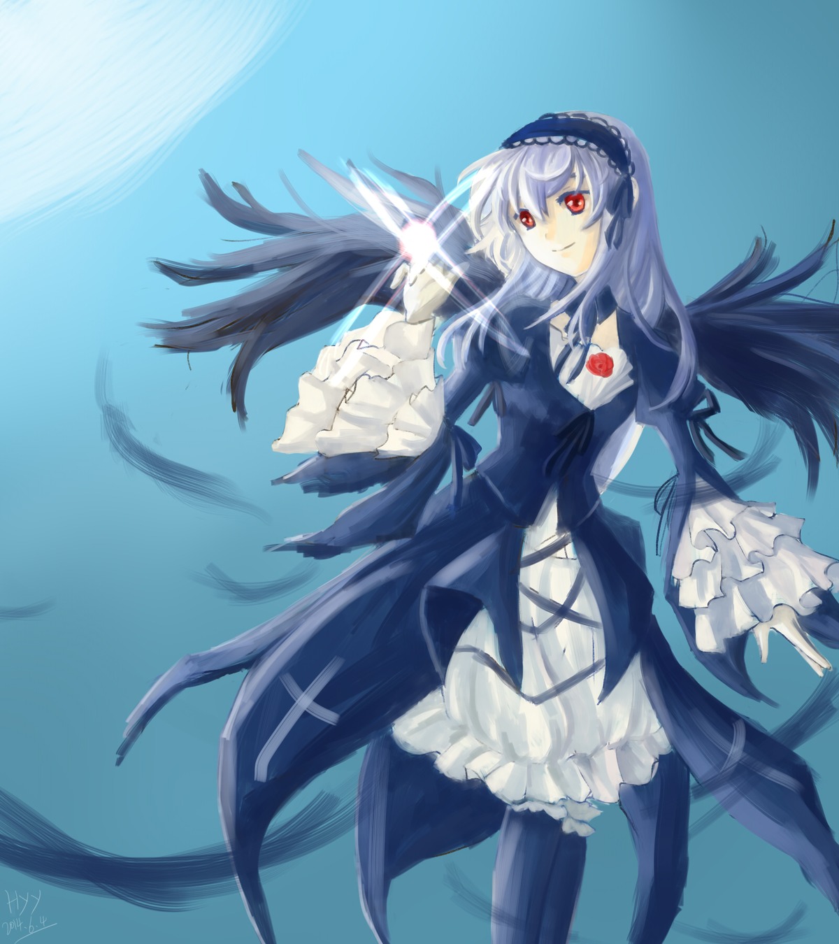 1girl black_wings dress flower frilled_sleeves frills hairband image long_hair long_sleeves looking_at_viewer red_eyes rose silver_hair smile solo suigintou very_long_hair wide_sleeves wings