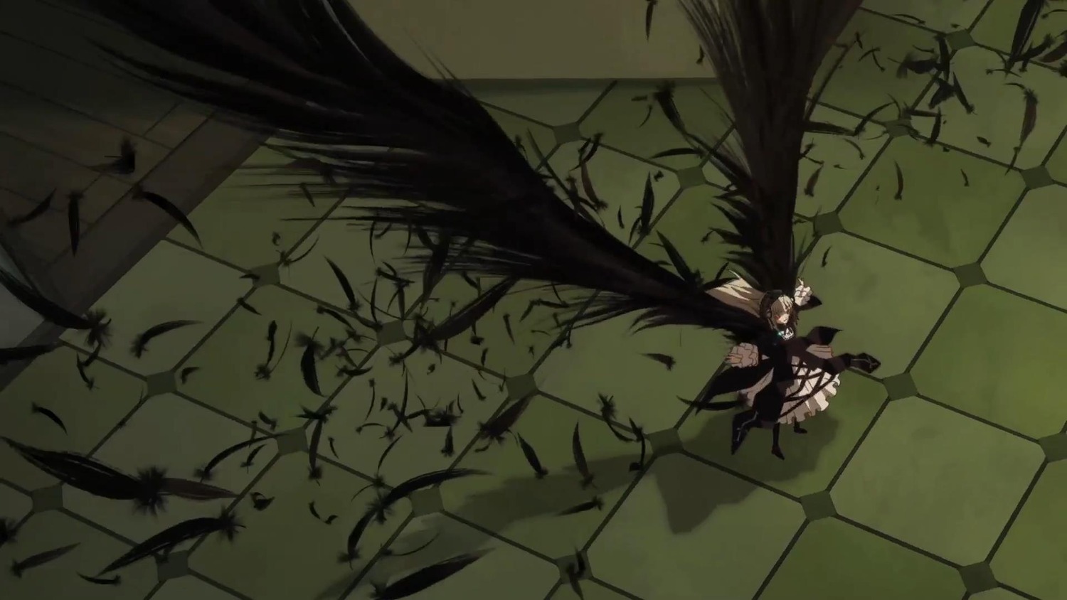 1girl arm_cannon black_hair black_wings bow cape checkered feathers hair_bow image long_hair reiuji_utsuho solo suigintou weapon wings