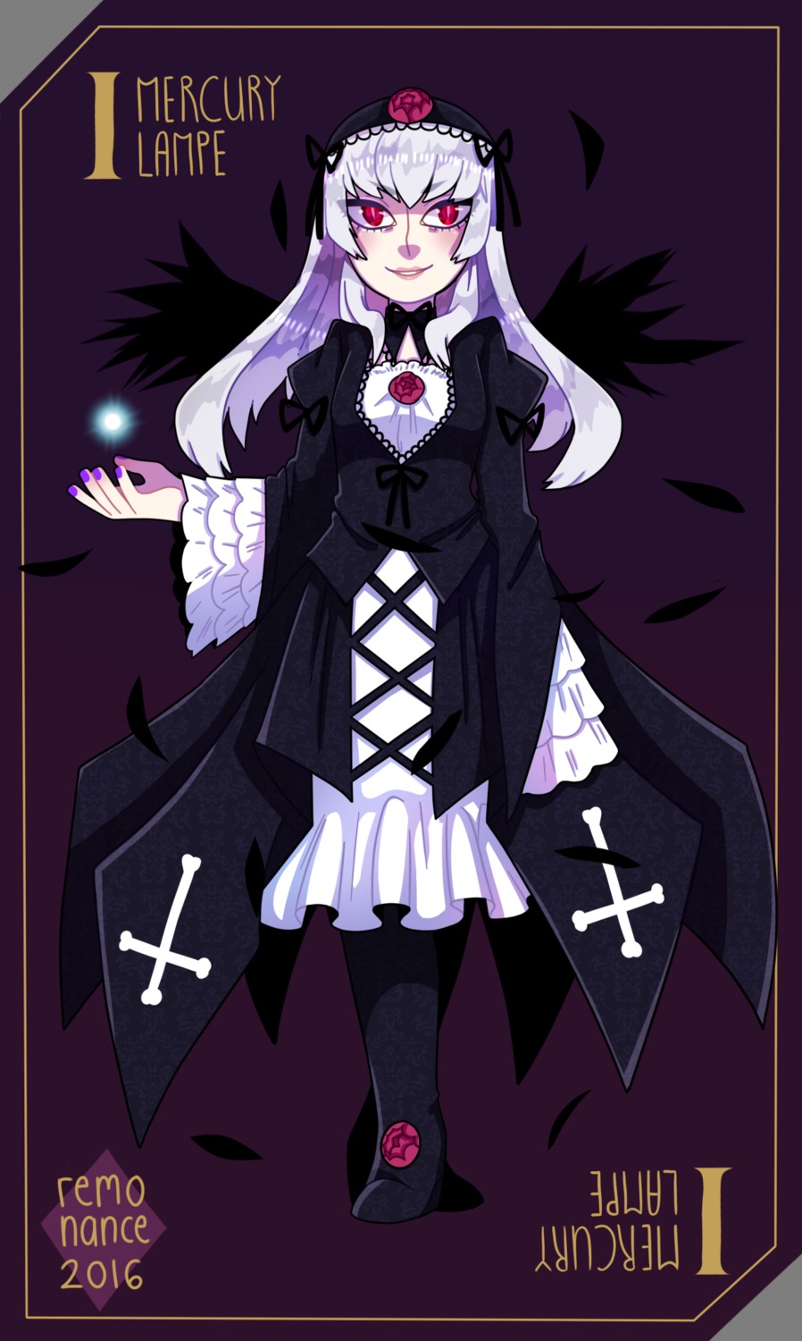 1girl character_name copyright_name dress flower frilled_sleeves frills full_body hairband image long_hair long_sleeves looking_at_viewer nail_polish pantyhose pink_eyes red_eyes rose silver_hair smile solo suigintou wings