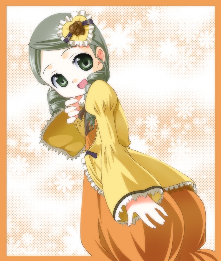 1girl :d bad_id bad_pixiv_id dress drill_hair frills green_eyes green_hair halftone image kanaria long_sleeves looking_at_viewer open_mouth rozen_maiden smile solo umekichi yellow_dress