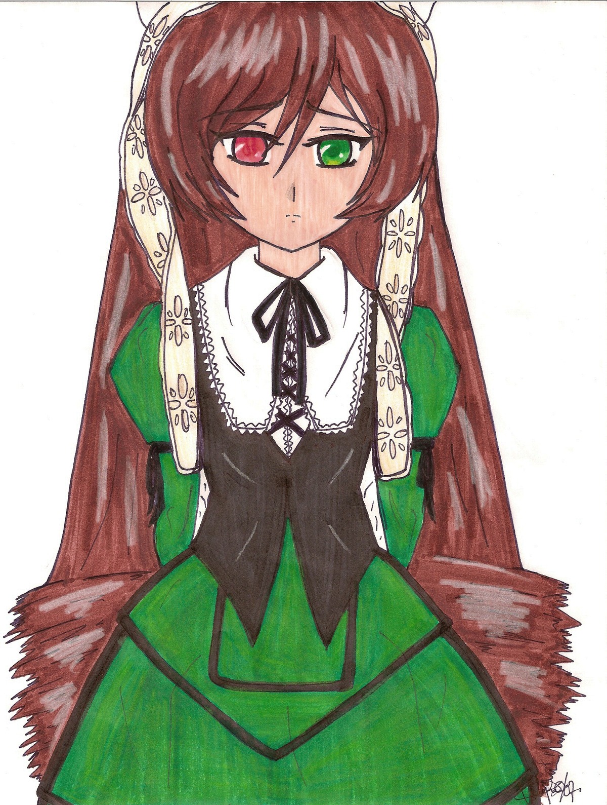 1girl bangs brown_hair dress frills green_dress green_eyes head_scarf heterochromia image long_hair long_sleeves looking_at_viewer red_eyes simple_background solo suiseiseki very_long_hair white_background
