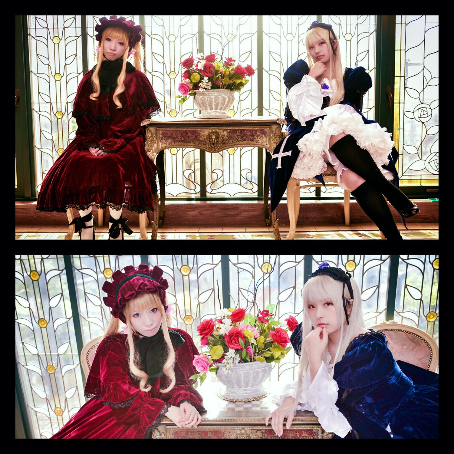 blonde_hair blue_eyes dress flower frills hat long_hair looking_at_viewer multiple_cosplay multiple_girls sitting tagme thighhighs window