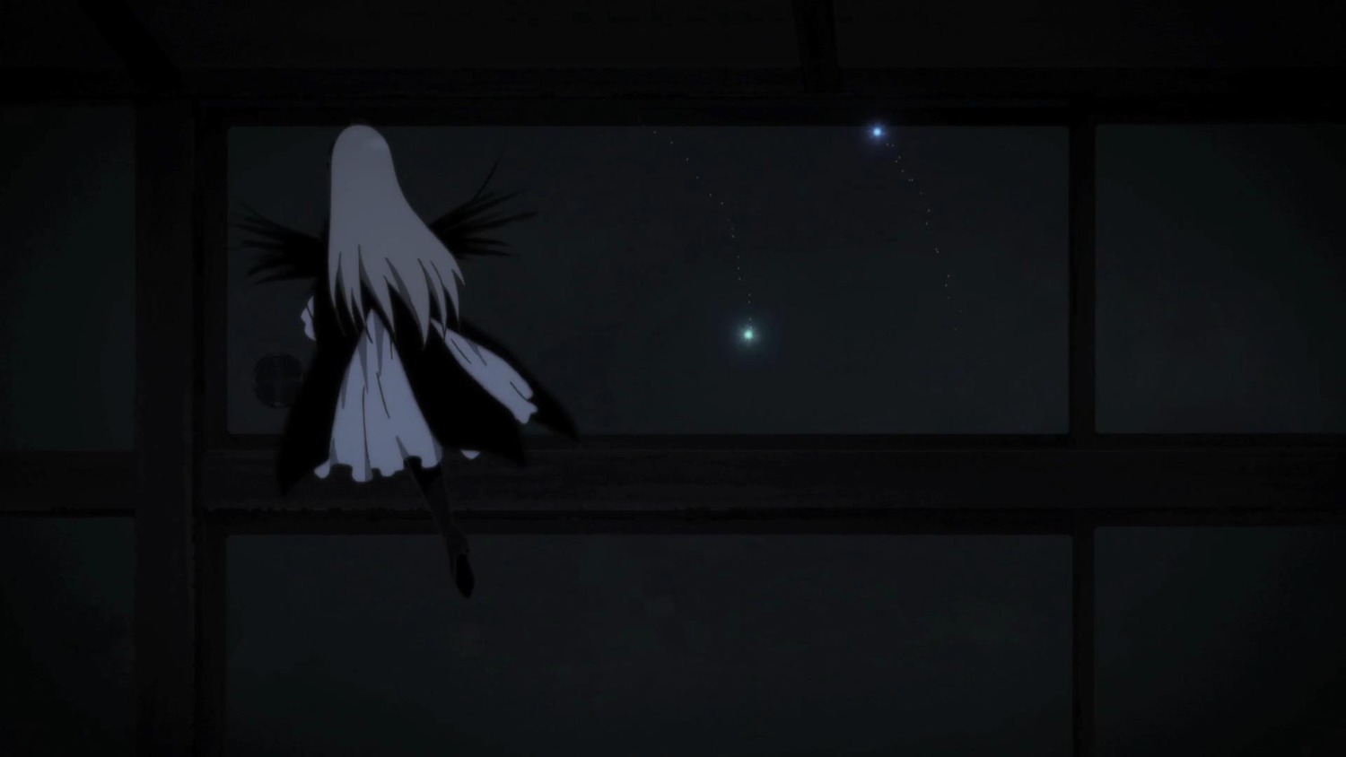 1girl angel_wings dark dress image indoors long_hair night sky solo standing suigintou white_dress window wings