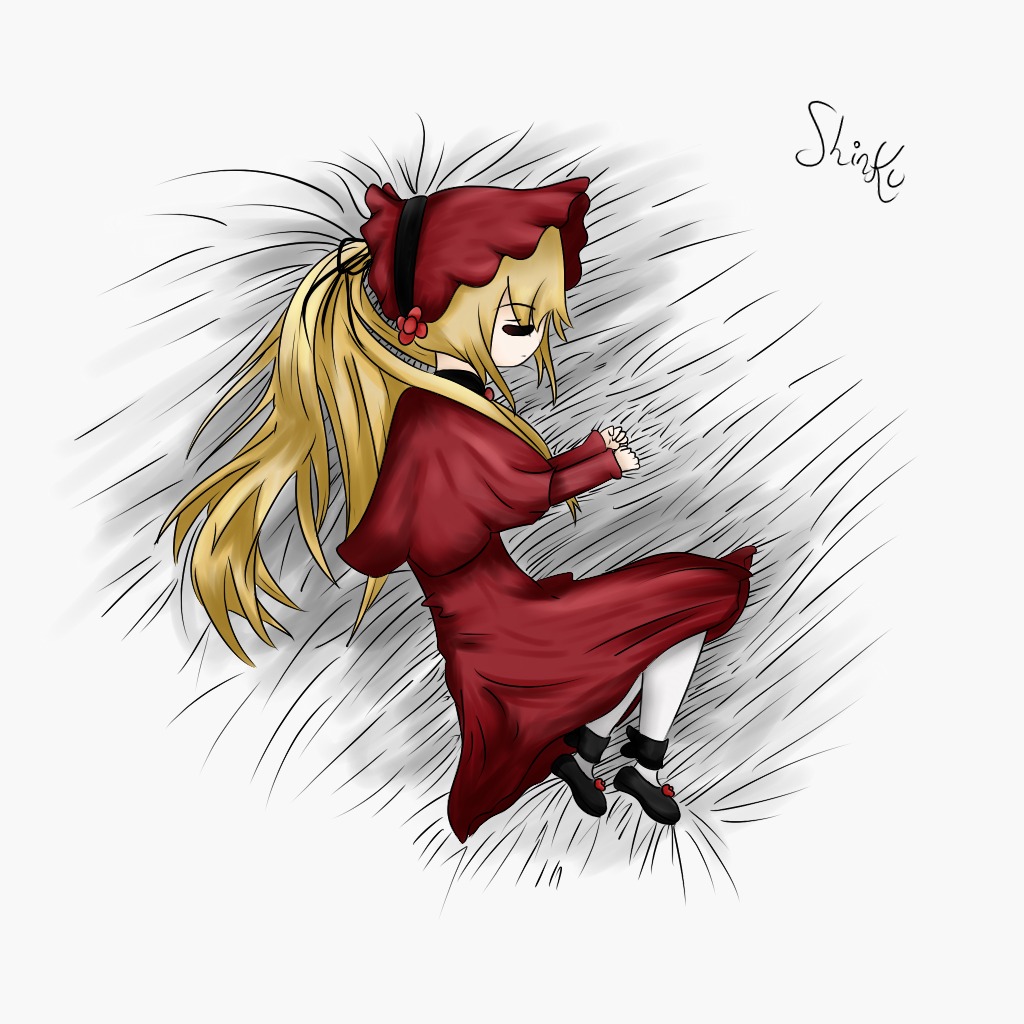 1girl blonde_hair dress emphasis_lines image long_hair long_sleeves rain red_dress shinku solo speed_lines