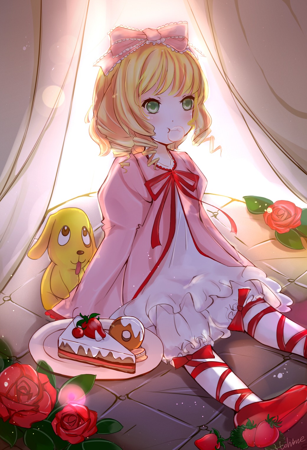 1girl :t apple blonde_hair bow cake curtains dress eating flower food food_on_face fruit green_eyes hina_ichigo hinaichigo image pink_rose red_flower red_rose ribbon rose rose_petals short_hair solo strawberry tears underwear yellow_rose