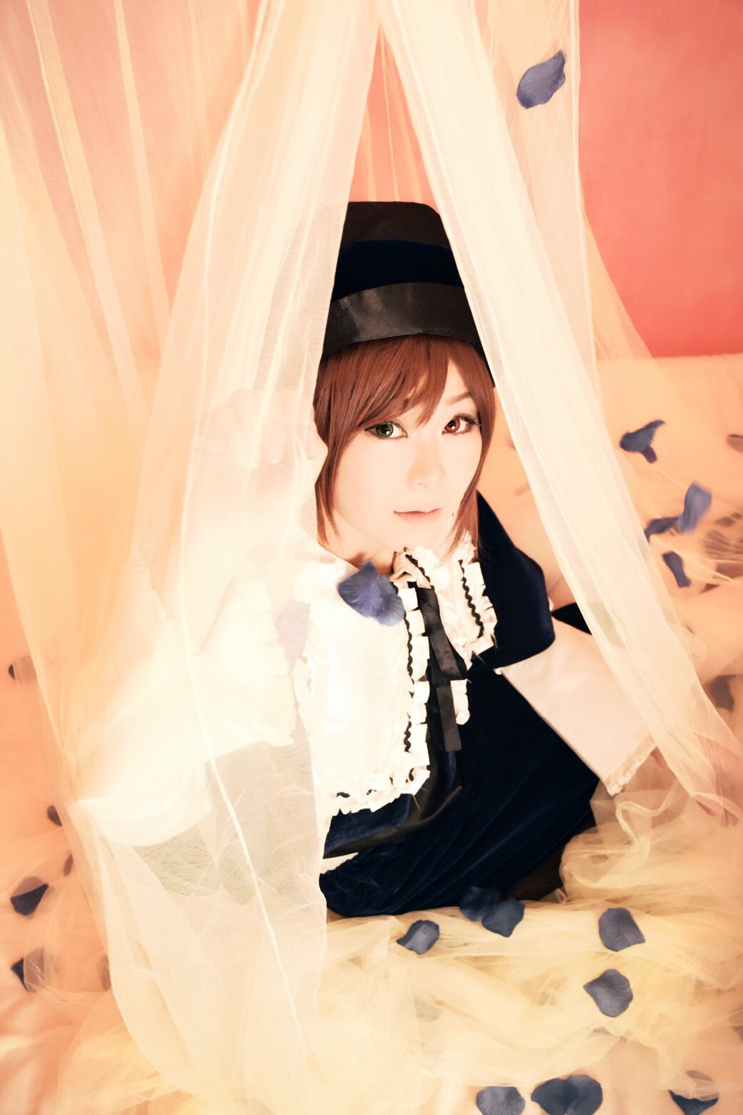 1girl bangs brown_hair curtains dress feathers hat looking_at_viewer short_hair solo souseiseki top_hat