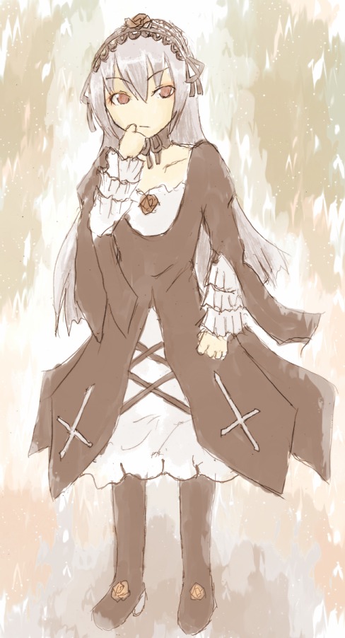 1girl bangs choker dress flower frills hairband image long_hair long_sleeves looking_at_viewer red_eyes rose silver_hair solo standing suigintou