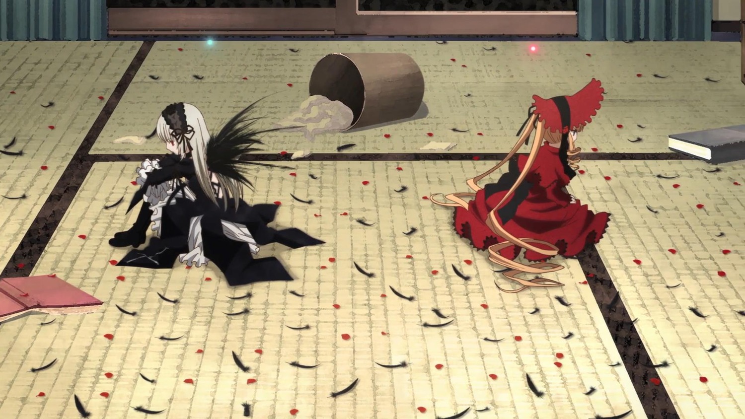 2boys battle bird black_hair feathers hat image katana pair petals shinku suigintou sword weapon