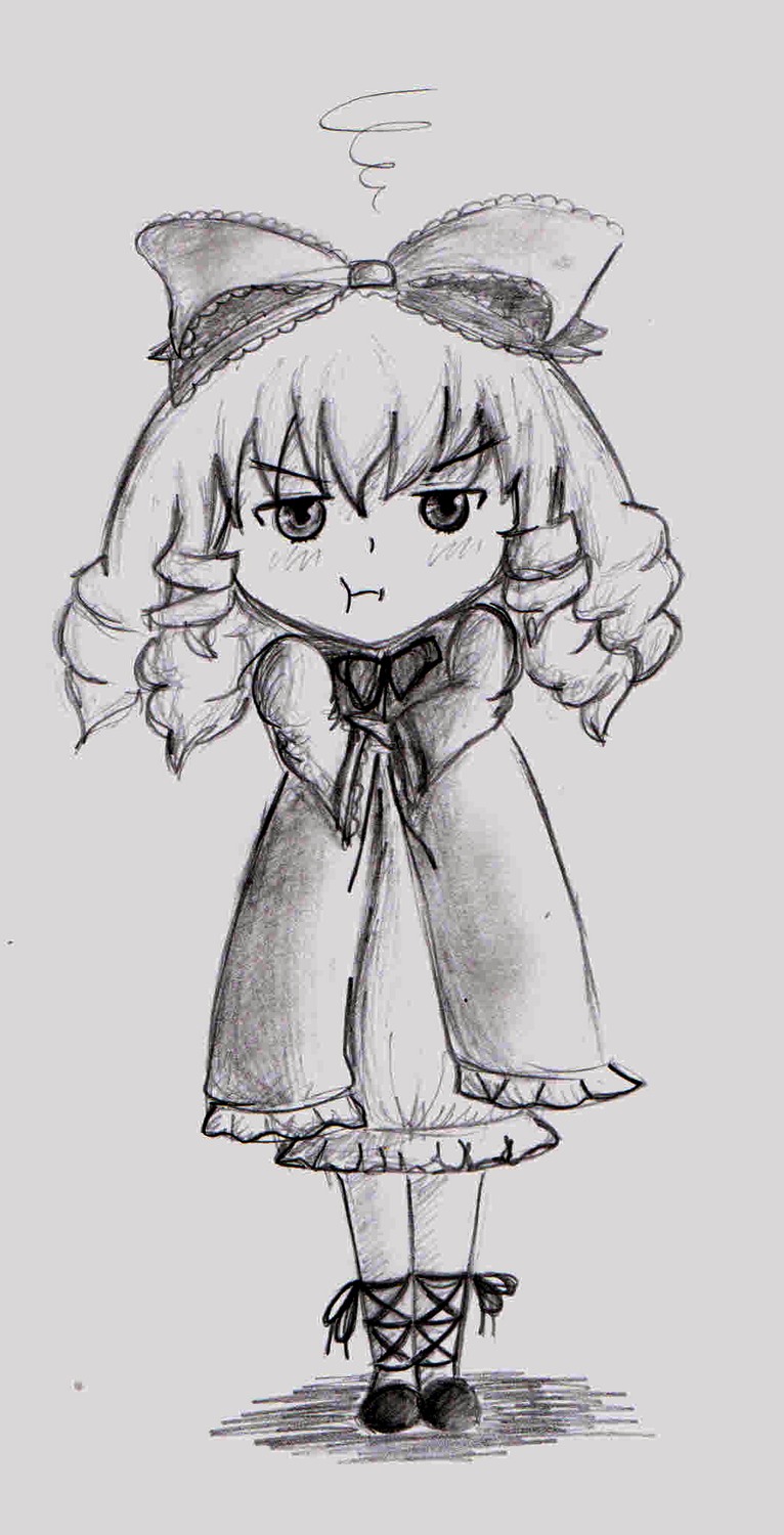 1girl :< :t bloomers blush bow chibi dress drill_hair full_body greyscale hair_bow hinaichigo image long_sleeves monochrome pout solo standing tears