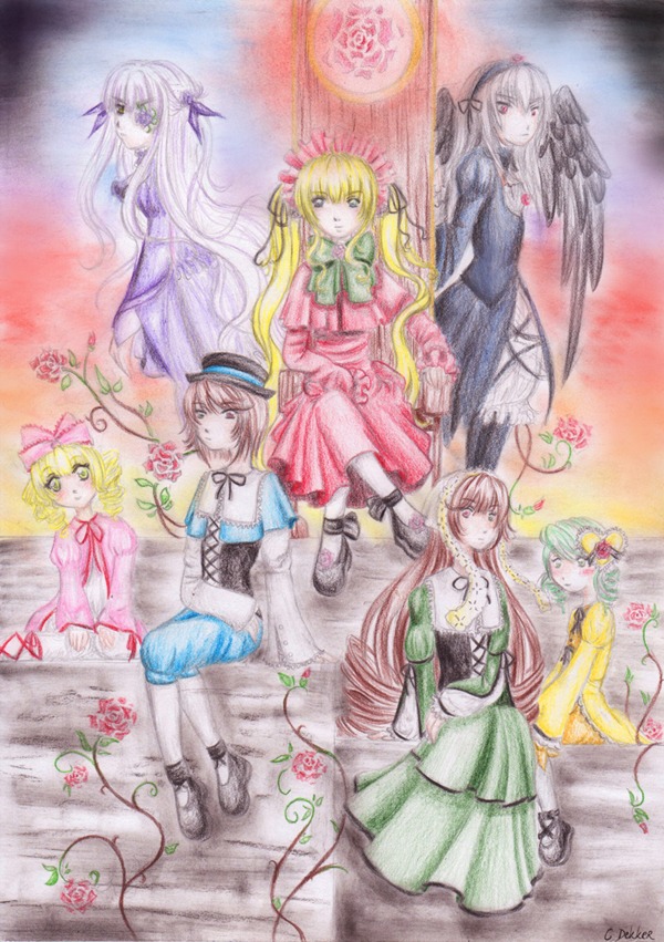 6+girls auto_tagged blonde_hair blue_eyes bow brown_hair dress flower hat heterochromia hina_ichigo image kanaria long_hair long_sleeves multiple multiple_girls pink_bow red_eyes shinku short_hair souseiseki standing suigintou suiseiseki tagme traditional_media very_long_hair watercolor_(medium) wings