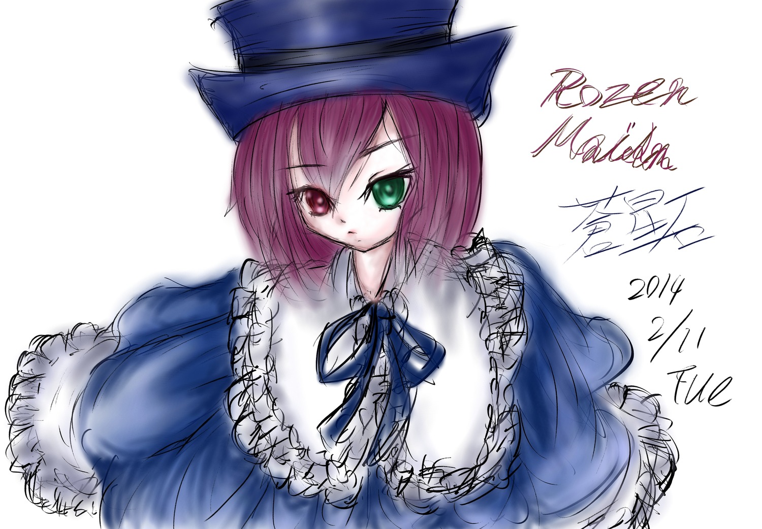 1girl blue_dress blue_neckwear frills green_eyes hat heterochromia image long_sleeves looking_at_viewer red_eyes ribbon short_hair simple_background solo souseiseki upper_body white_background