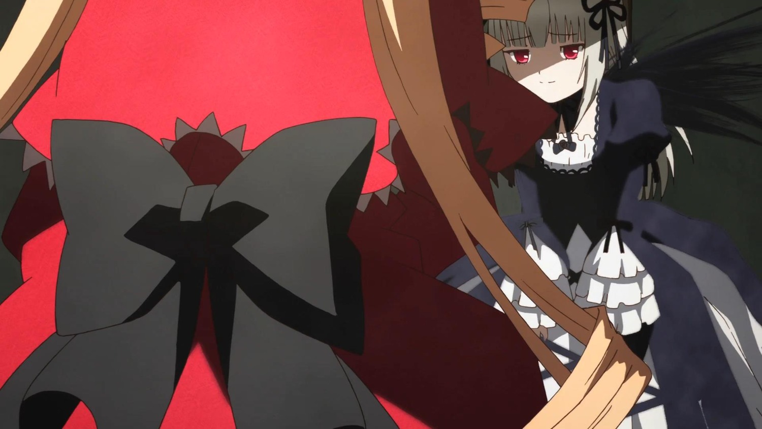 1girl black_ribbon brown_hair dress frills hairband image long_hair long_sleeves pair red_eyes ribbon shinku solo suigintou very_long_hair