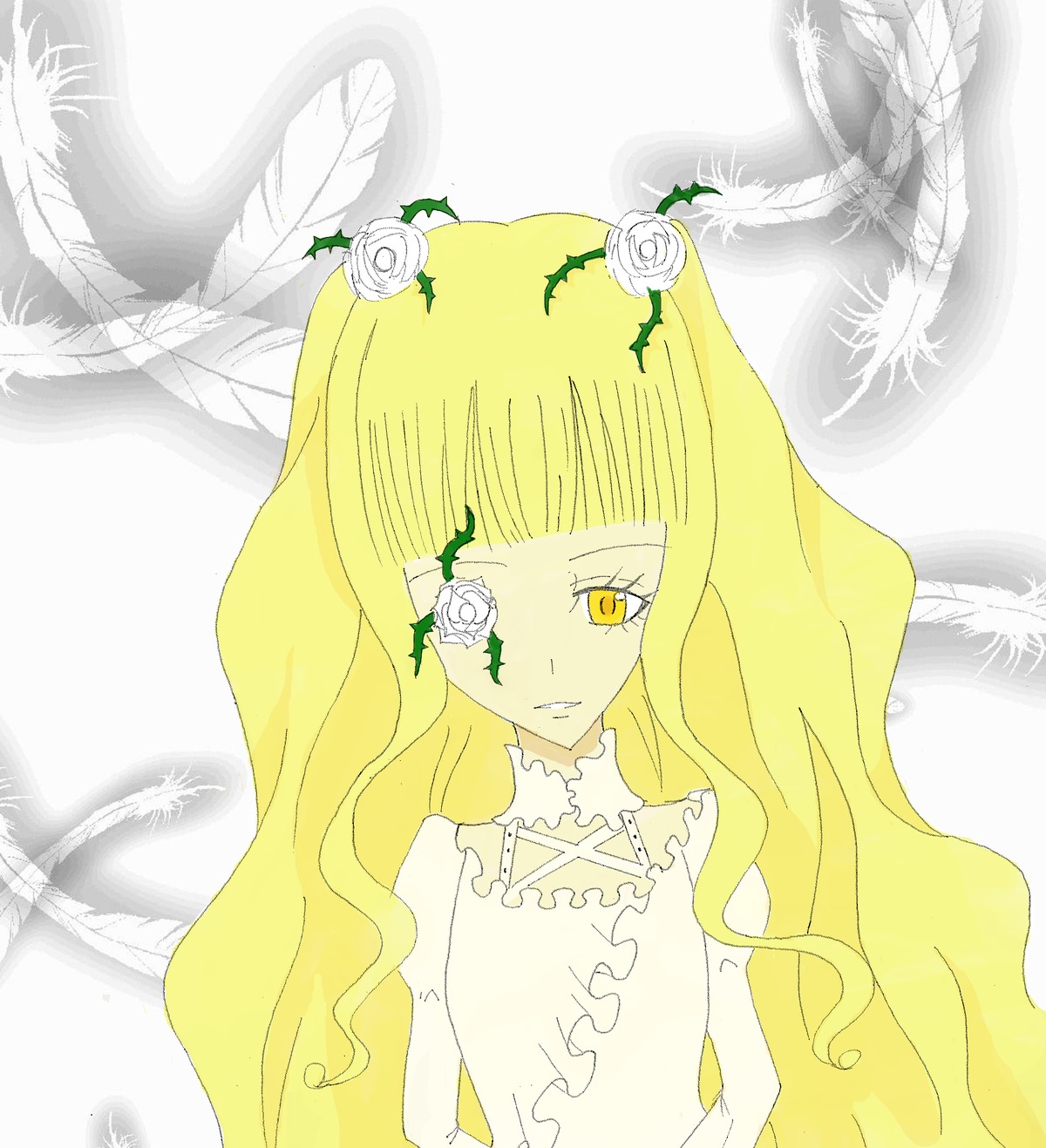 1girl bangs bare_shoulders blonde_hair blunt_bangs dress eyepatch feathers flower image kirakishou long_hair rose solo thorns wavy_hair white_flower white_rose yellow_eyes