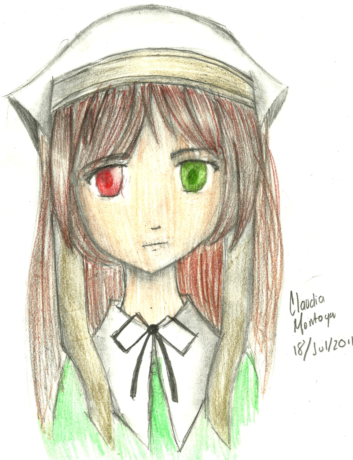 1girl brown_hair closed_mouth dated face green_eyes green_ribbon hat head_scarf heterochromia image long_hair looking_at_viewer red_eyes ribbon simple_background solo suiseiseki white_background