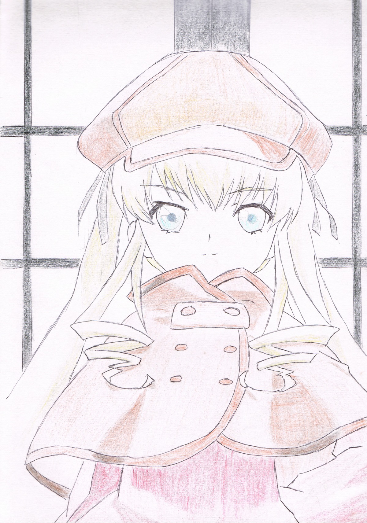 1girl auto_tagged blonde_hair blue_eyes blush dress drill_hair hat image long_hair long_sleeves looking_at_viewer photo shinku solo traditional_media upper_body