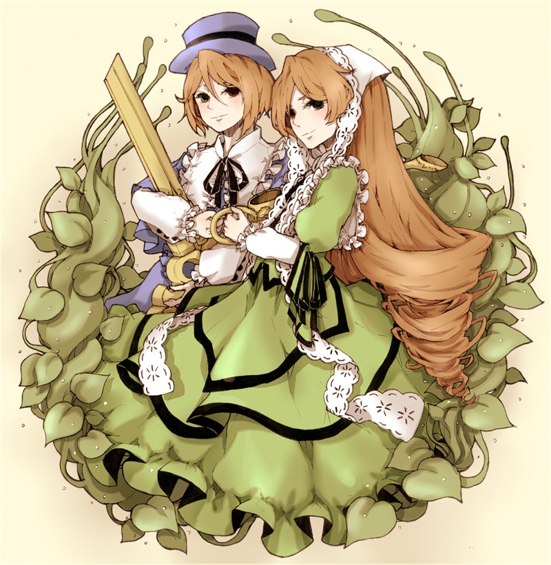 2girls beige_background brown_hair dress frills green_dress hat holding_hands image long_hair long_sleeves multiple_girls pair ribbon short_hair siblings sisters souseiseki suiseiseki twins very_long_hair