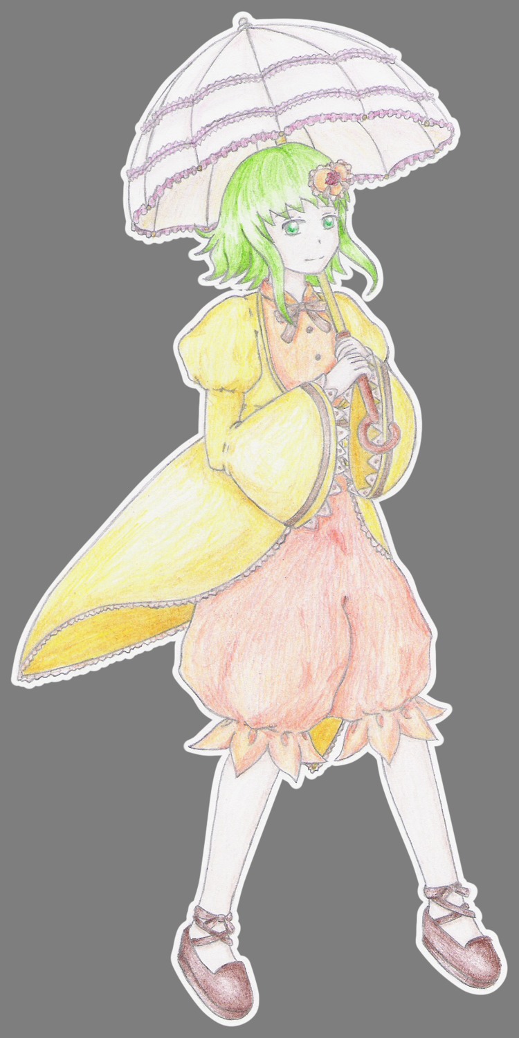 1girl alphes_(style) bow flower full_body green_eyes green_hair hair_flower hair_ornament holding holding_umbrella image kanaria parasol smile solo style_parody transparent_background umbrella